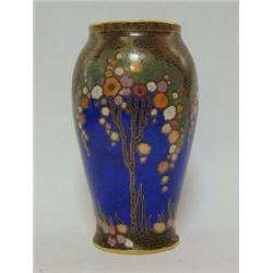 A CROWN DEVON BALUSTER VASE, stylised trees in blossom outlined with gilding on a midnight matt b...