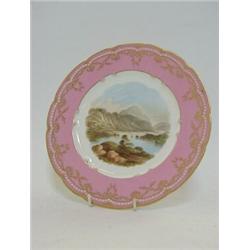 A COALPORT CABINET PLATE, mid 19th Century, rose pink and pearl border, named view of Loch Lomand...