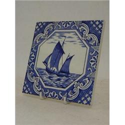 A MINTON HOLLINS & CO TILE, blue transfer printed sailing vessel, 15cm x 15cm  20-30...