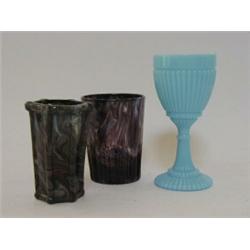 A SOWERBY AMETHYST SLAG GLASS TAPERED VASE, late 19th Century, height 10cm, a similar beaker and...