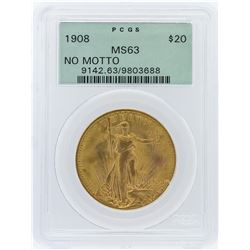 1908 PCGS MS63 $20 No Motto St. Gaudens Double Eagle Gold Coin