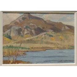 BOUCHARD, Lorne Holland, R.C.A., 1913-1978.  "Near St-Urbain, P.Q.".  Huile sur métal, signée.  S...