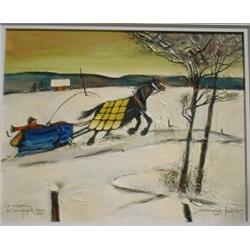 HUDON, Normand, 1929-1997.  "Le Médecin de Campagne, Vers 1870".  Huile sur panneau, signée, titr...