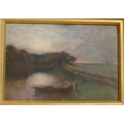 HAMMOND, John, R.C.A., 1843-1939.  "Unloading the Boat at Sunset".  Huile sur panneau, signée.  O...