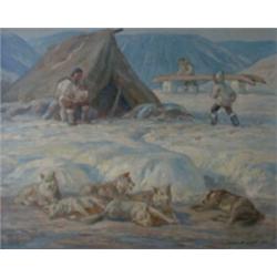 SCOTT, Adam Sherriff, R.C.A., 1887-1980.  "Eskimo Encampment".  Huile sur toile, signée.  Titrée...