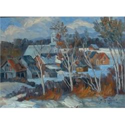 TATOSSIAN, Armand, R.C.A., 1948-    .  "Village View in Winter".  Huile sur toile, signée.  Oil o...