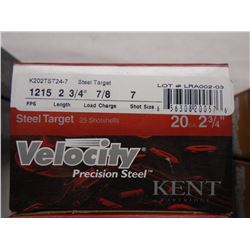 100 Rnds Kent Velocity 20ga 2 3/4in, 7/8 load, 7 shot 1215 fps
