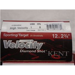 100 Rnds Kent Velocity 12ga 2 3/4in, 1 load, 8 shot 1300 fps