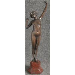 PHILIPPE, Act. 1900-1930.  "Awaking".  Bronze patiné, signé sur la base en marbre.  École françai...