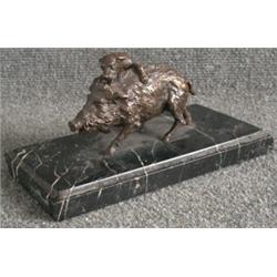 BARYE, Alfred, 1839-    .  "Chien attaquant un Sanglier".  Bronze patiné, signé.  École française...