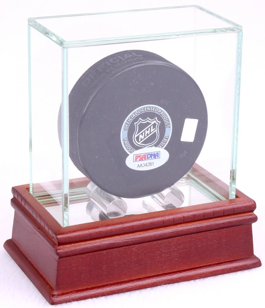 Single Hockey Puck Display Case with Mirrored Cherry Wood Base & Glass