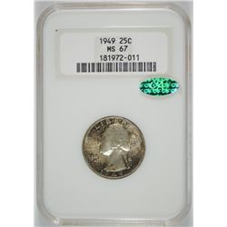 1949 WASHINGTON QUARTER, NGC MS-67!! CAC, TONED, ONLY 20 THIS GRADE WITH CAC!!!!