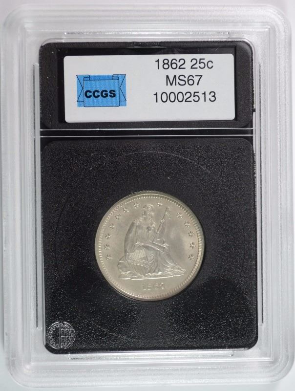 1862 SEATED QUARTER CCGS GRADED SUPERB BU+ BLAZING WHITE, CIVIL WAR ...