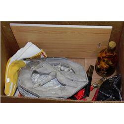 BOX OF COLLECTIBLES INCLUDING WELDING GLOVES,
