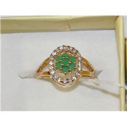 GOLD PLATED .925 SILVER NATURAL EMERALD & CZ RING