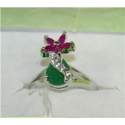 .925 SILVER NATURAL EMERALD & RUBY RING - SIZE 7.5