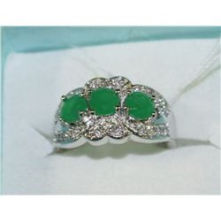 .925 SILVER NATURAL EMERALD & CZ RING - SIZE 6.5