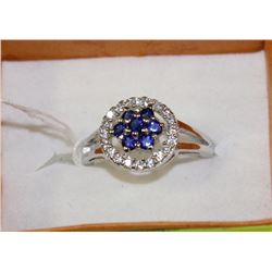 .925 SILVER NATURAL SAPPHIRE & CZ RING - SIZE 8.5