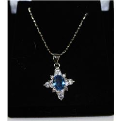 .925 SILVER LAB SAPPHIRE & CZ PENDANT & .925 CHAIN