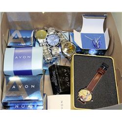 BOX OF AVON JEWELLERY & MISC WATCHES