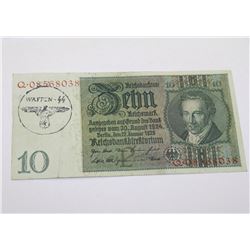 GERMAN NAZI 10 MARK BANKNOTE WAFFEN SS