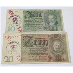 TWO GERMAN NAZI BANKNOTES -AUSCHWITZ X2