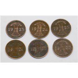 SIX 1 PFENNIG GERMAN COIN 1923,1924,1925,1928,1929