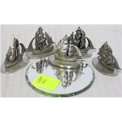 6 PEWTER SHIP FIGURINES