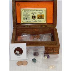 HAND CARVED WOODEN BOX WITH TREASURES INLCUDING