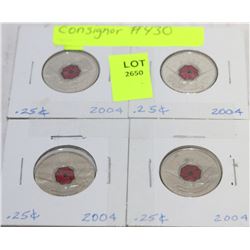 FOUR 2004 CANADIAN 25 CENT COINS