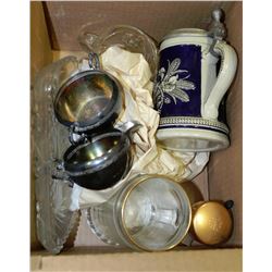 BOX OF 2 COLLECTOR STEINS,CRYSTAL AND MORE