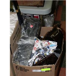LARGE BOX WITH ESTATE PURSES, UMBRELLA ETC