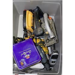 GREY BIN FULL OF POWER TOOLS