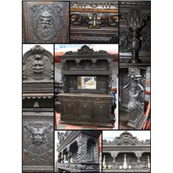 ANTIQUE WOOD CARVED MEDIEVAL STYLE BUFFET AND