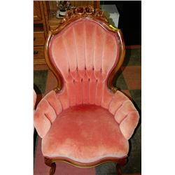 ESTATE WOOD CARVED DUSTY ROSE PARLOUR CHAIR ON