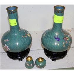 PAIR OF ESTATE GOLD TRIM VASES WITH SALT & PEPPER