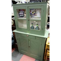 ESTATE WOOD GREEN CABINET WITH HUTCH CIRCA 1920'S