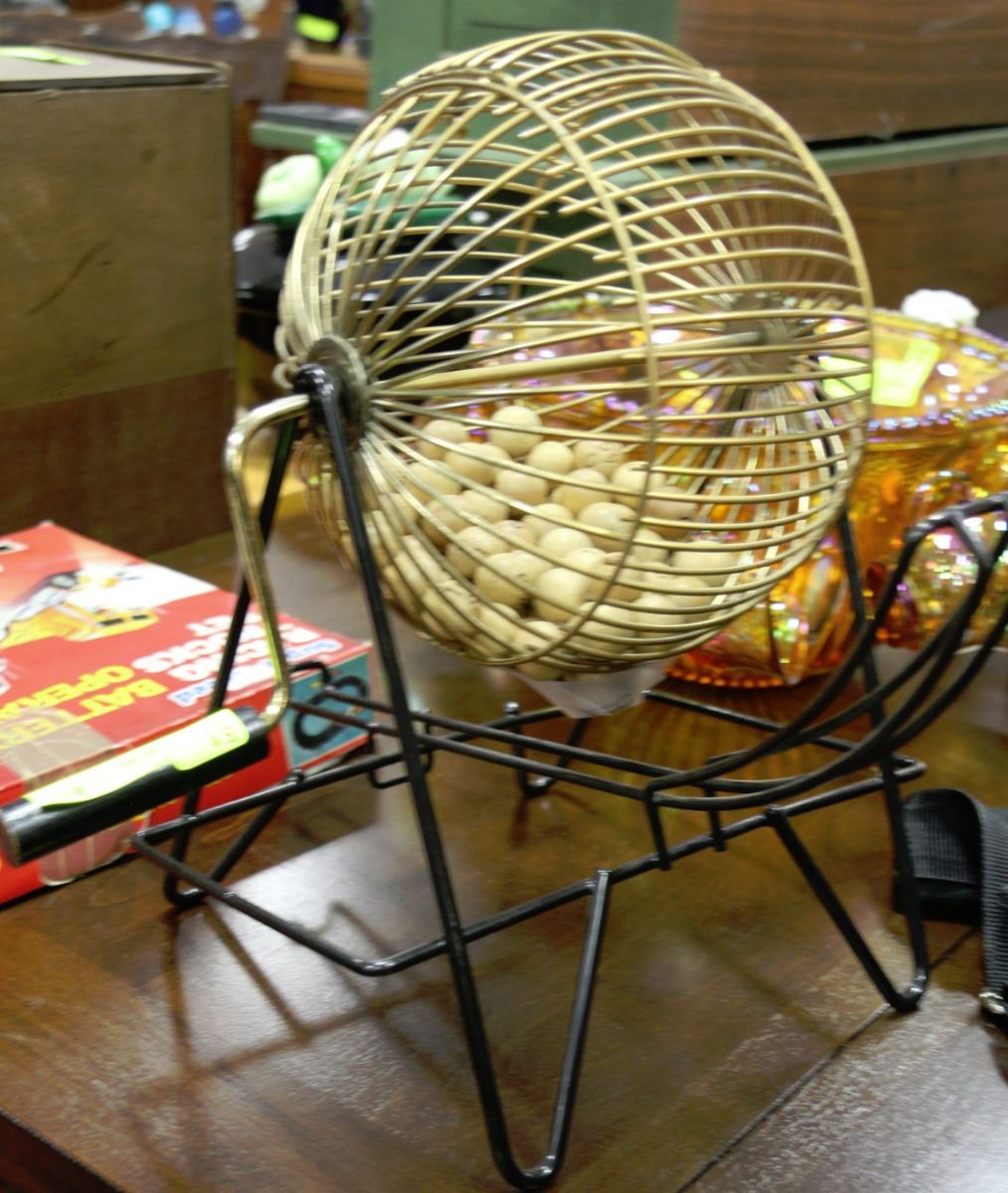 VINTAGE BINGO CAGE WITH WOODEN BALLS
