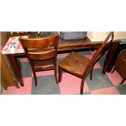 WOOD TONE KITCHEN TABLE WITH LEAF AND 2