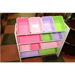 TOY STORAGE RACK  WITH COLORED PLASTIC BINS
