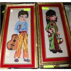 NEEDLEPOINT FRAMED PAIR OF BOY AND GIRL PICTURES