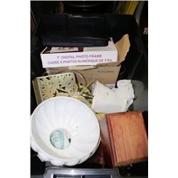 CONTAINER OF ANTIQUES AND MORE INCLUDING COW BELL,