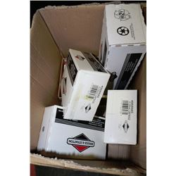 BOX OF BRIGGS & STRATTON AIR FILTERS & SPARK PLUGS