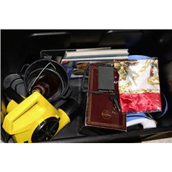 BOX OF MISC INCLUDING BLOWER, DOLL, BLUE WATER JUG