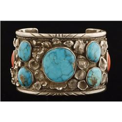 Heavy Old Pawn Turquoise & Coral Cuff