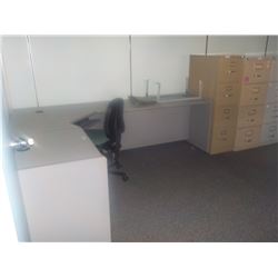 OFFICE LOT-CORNER DESK, TABLE 3 SM VERTICAL FILE CABINETS, CHAIRS, ETC