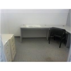 L DESK, CHAIR, 4 SM FILE CABINTS