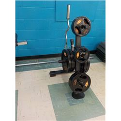 OLYMPIC PLATES WITH RACK, EZ CURL BARL AND OLYMPIC BAR