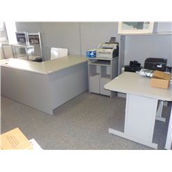 JL GREY OFFICE DESK, BOOKCASE, TABLE, FAX MACHINE