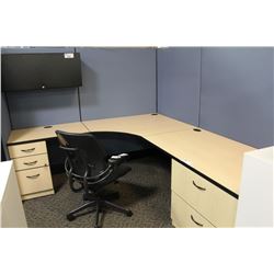 TAYCO PANEL LINK 7' X 8' MAPLE AND BLUE CORNER WORKSTATION WITH OVERHEAD AND STORAGE